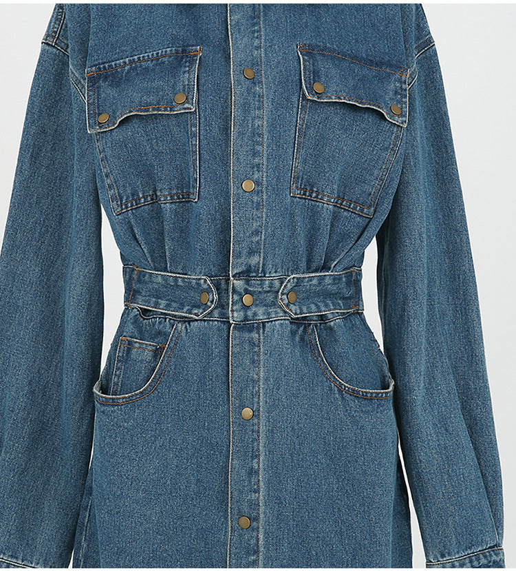 Denim Blue Double Pocket Design Turn-Down Collar Long Sleeve High Slit Maxi Jean Dress