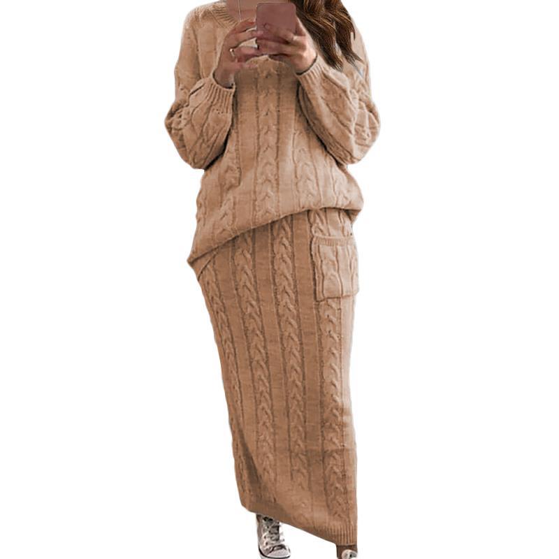 Twisted Weave Pattern Women's Long Sleeve Sweater + Maxi Skirt Knitted 2-Piece Set to 5X Plus Size