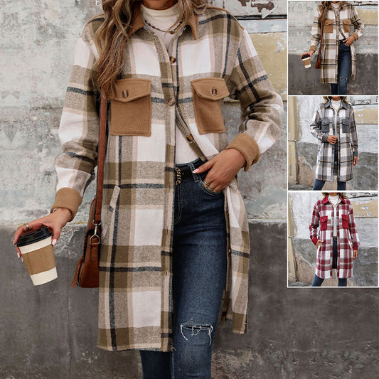 Brushed Plaid Long Sleeve Pocket Detail Turn-Down Collar Women's Maxi Jacket