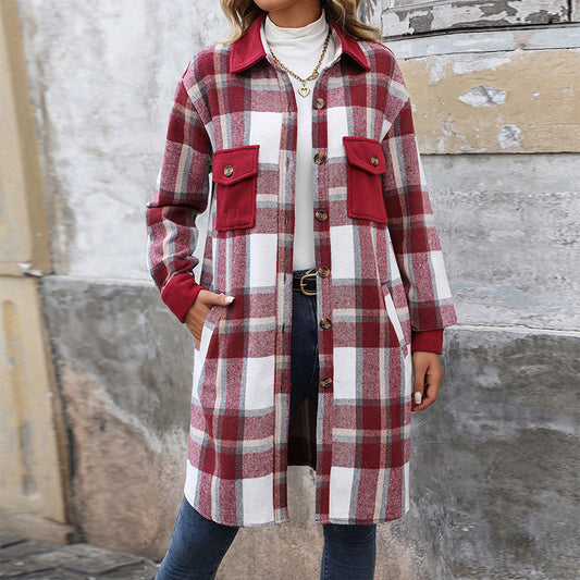 Brushed Plaid Long Sleeve Pocket Detail Turn-Down Collar Women's Maxi Jacket