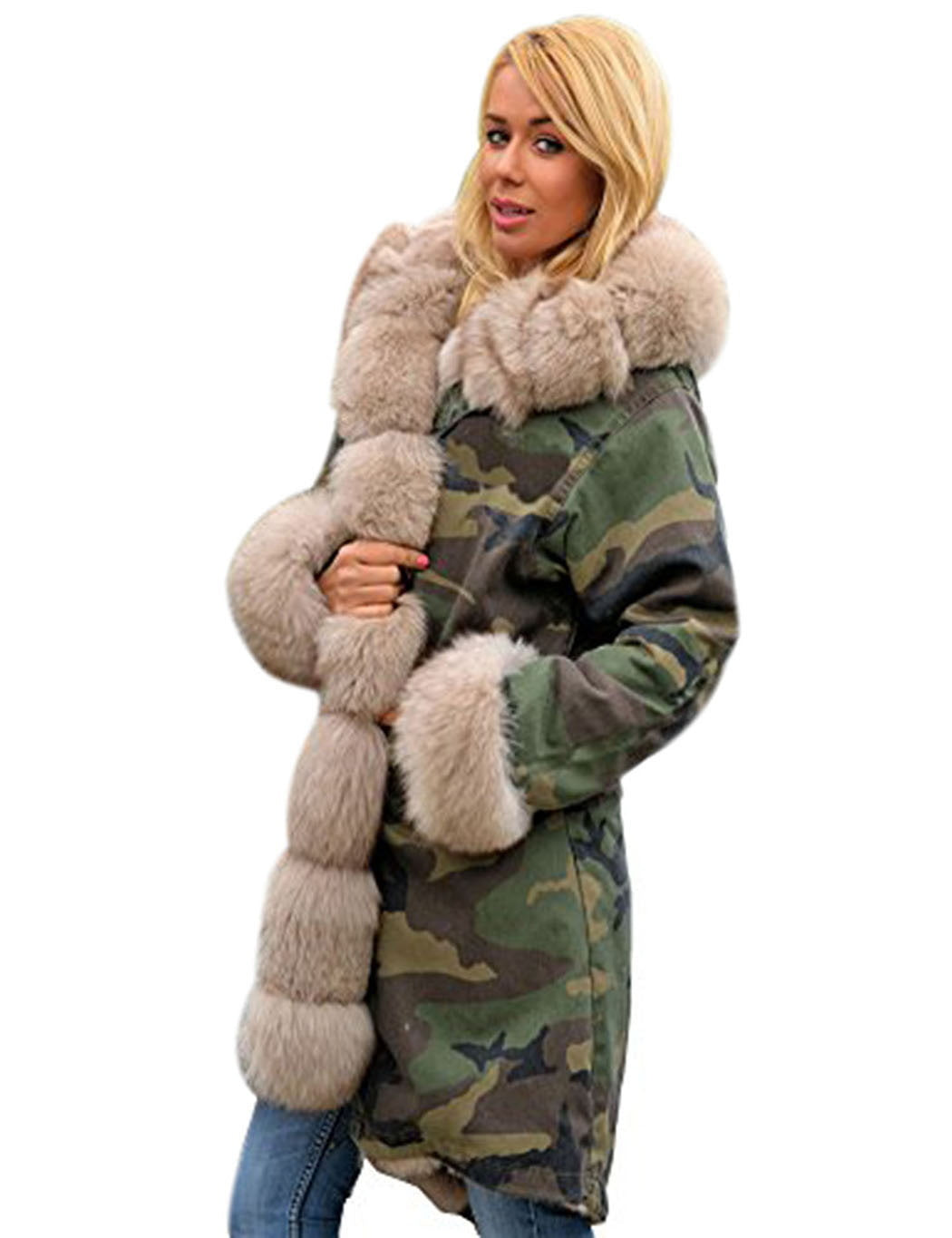 Camoflauge Print Faux Fur Lined Women's Oversized Hoodie Coat to 3X Plus Size