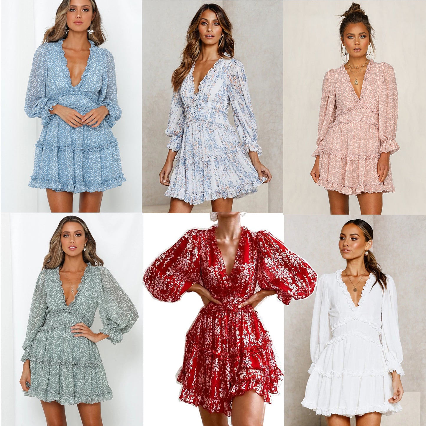 Bohemian Floral Print Ruffled Deep V-Neck Long Puff Sleeve Mini Dress