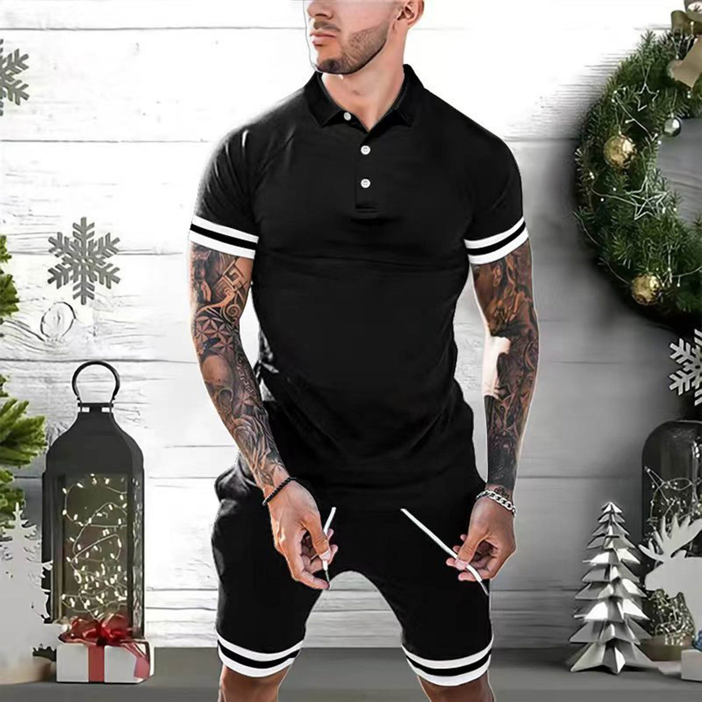 Men's Side Striped Turn-Down Collar Short Sleeve Polo Shirt + Shorts 2-Piece Set