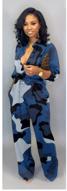 Camoflauge V-Neck Long Sleeve Women's Wide Leg Jumpsuit