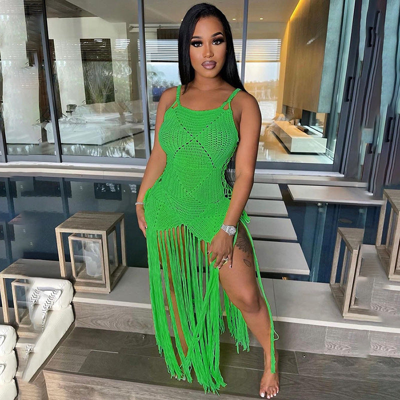 Tassel Fringe Detail Sleeveless Spaghetti Strap Skinny  Transparent Maxi Dress