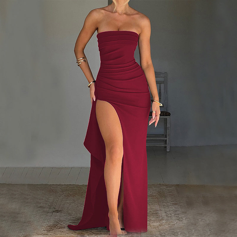 Strapless Sleeveless Pleated Ruched High Slit Solid Color Formal Maxi Tube Party/Prom Dress