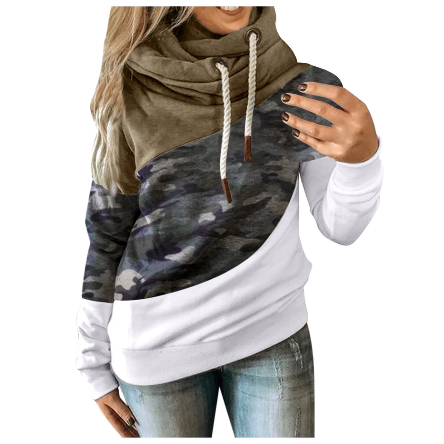 Colorblock Camoflauge Long Sleeve Drawstring Hoodie Sweatshirt to 3X Plus Size