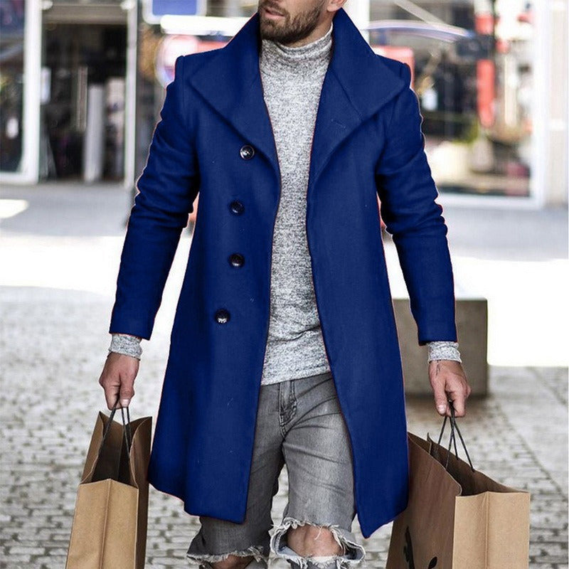 Men's Plaid/Solid Color Turn-Down Collar Button-Up 3/4 Length Pea Coats