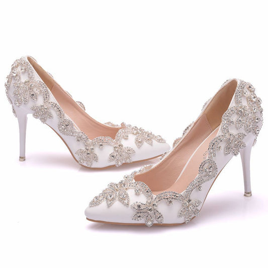 White Rhinestone Silver Metallic Embroidered OR Open Toe Floral Slingback Ankle Strap High Heel Women's Bridal Wedding Pumps & Sandal Pumps