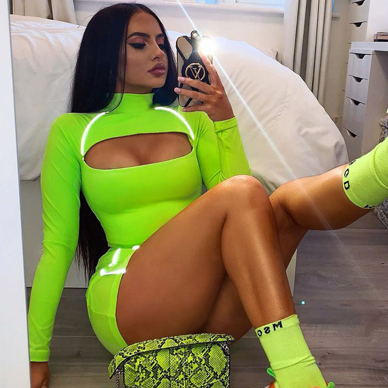 Reflective Lime Green/Orange Turtleneck Side Striped Long Sleeve Women's Hollow-Out Shirt + Mini Skirt 2-Piece Set