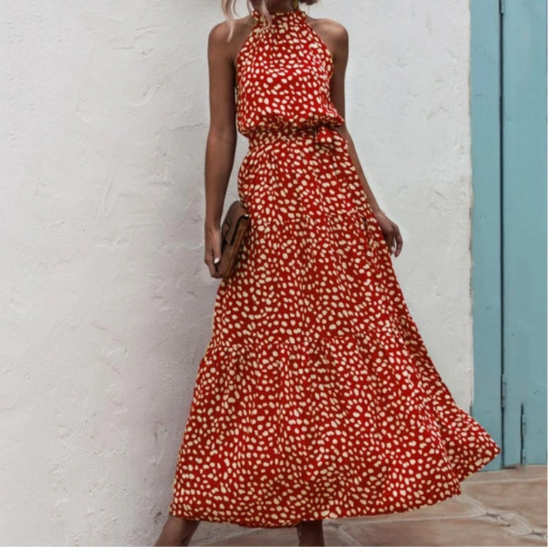 Sleeveless Polka Dot Print Tiered Mock Neck Sash Belt Maxi Dress