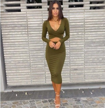 Bodycon Sexy V-Neck Hollow-Out  Long Sleeve Skinny Solid Color Party Dress