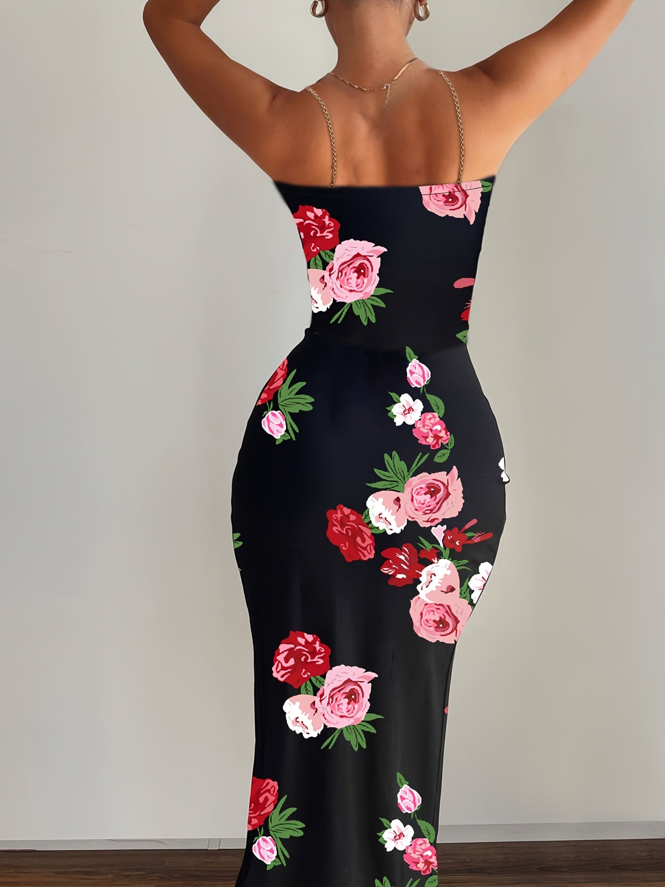 Flower Print Gold Chain Spaghetti Strap Sexy Cut-Out Sleeveless Bodycon High Slit Maxi Dress