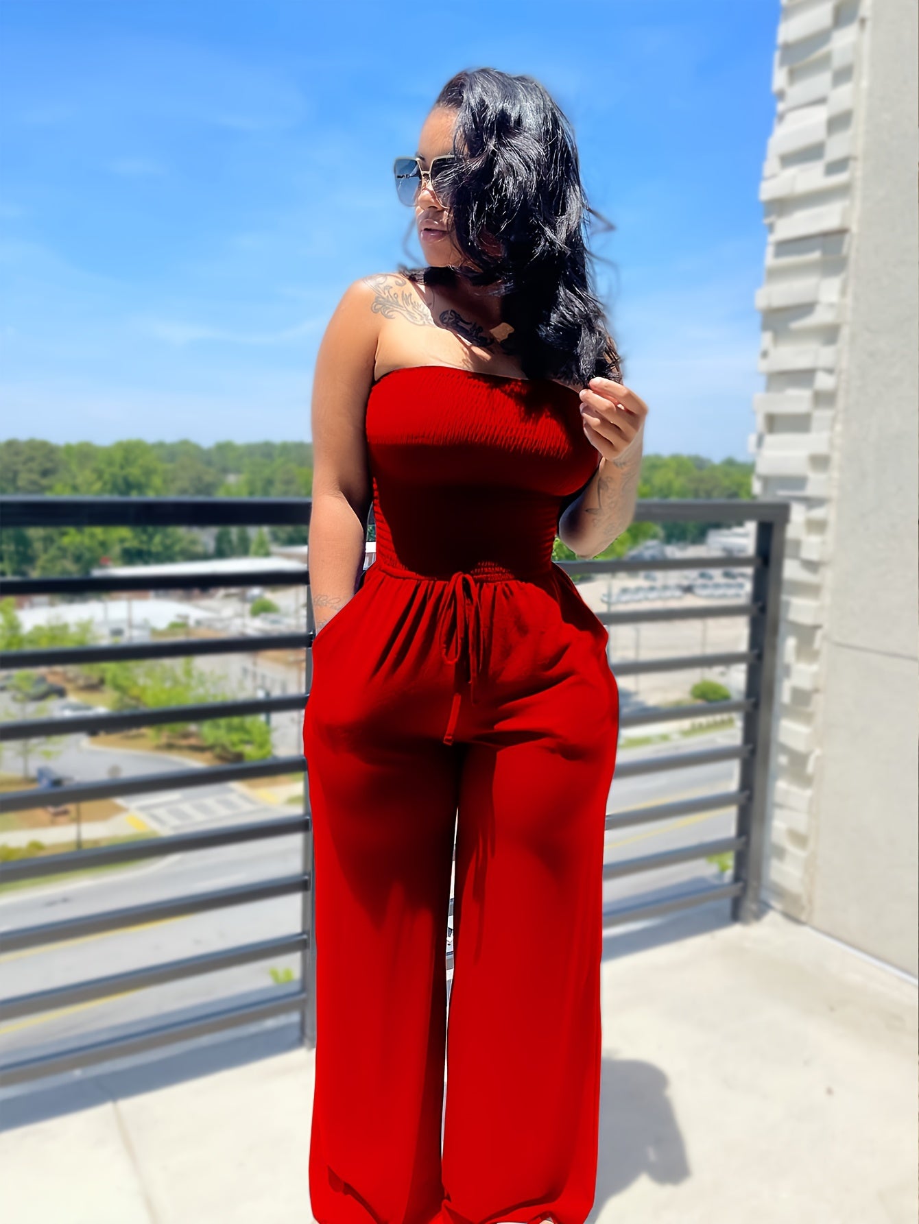 Sleeveless Waffle Pattern Solid Color Sash Belted Women's Tube Top Jumpsuit