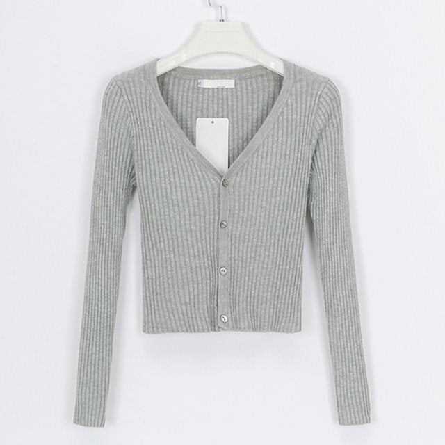 Button-Up Ribbed Solid Color Women's Long Sleeve Skinny Fit Cardigan Sweater