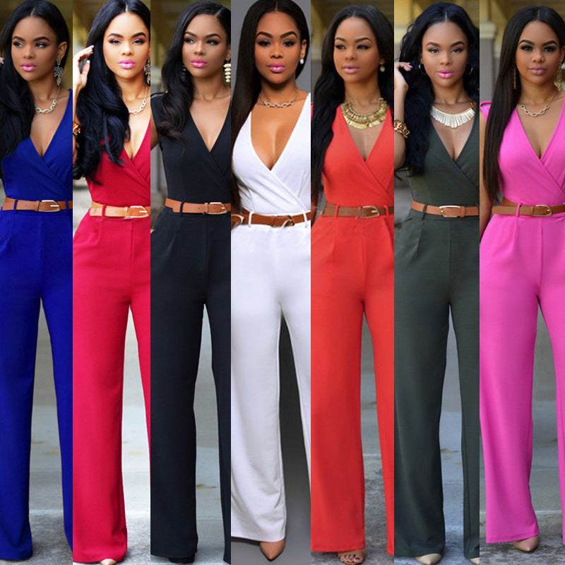 Ruched Sleeveless Deep V-Neck Solid Color Women's Jumpsuit