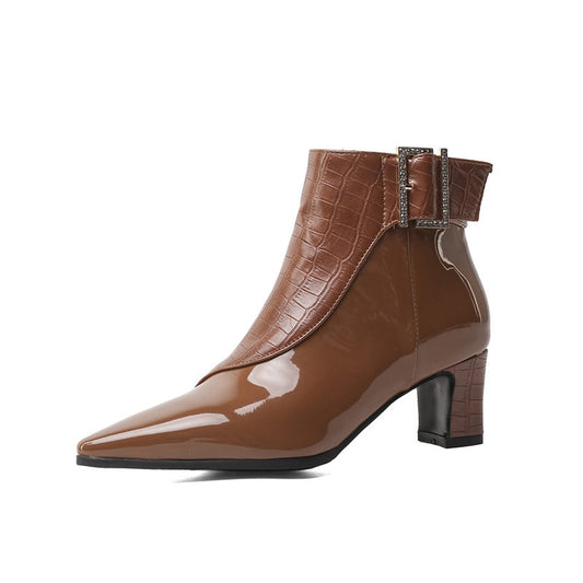Buckle Design Croc Pattern Patent Leather Solid Color Women's Ankle Boots