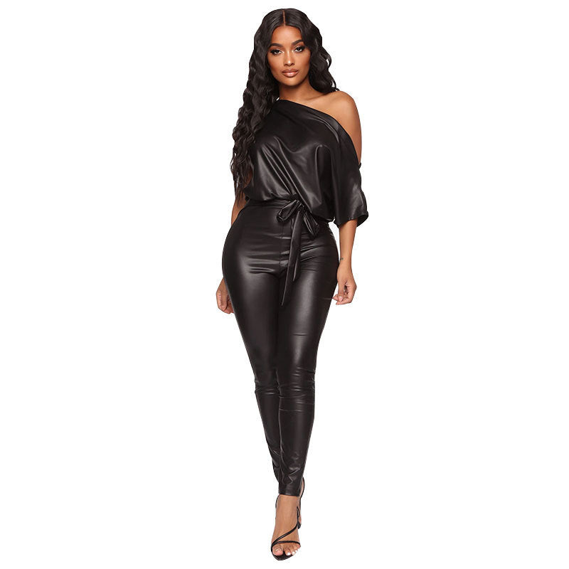 Black PU Leather Women's Off-the-Shoulder Jumpsuit