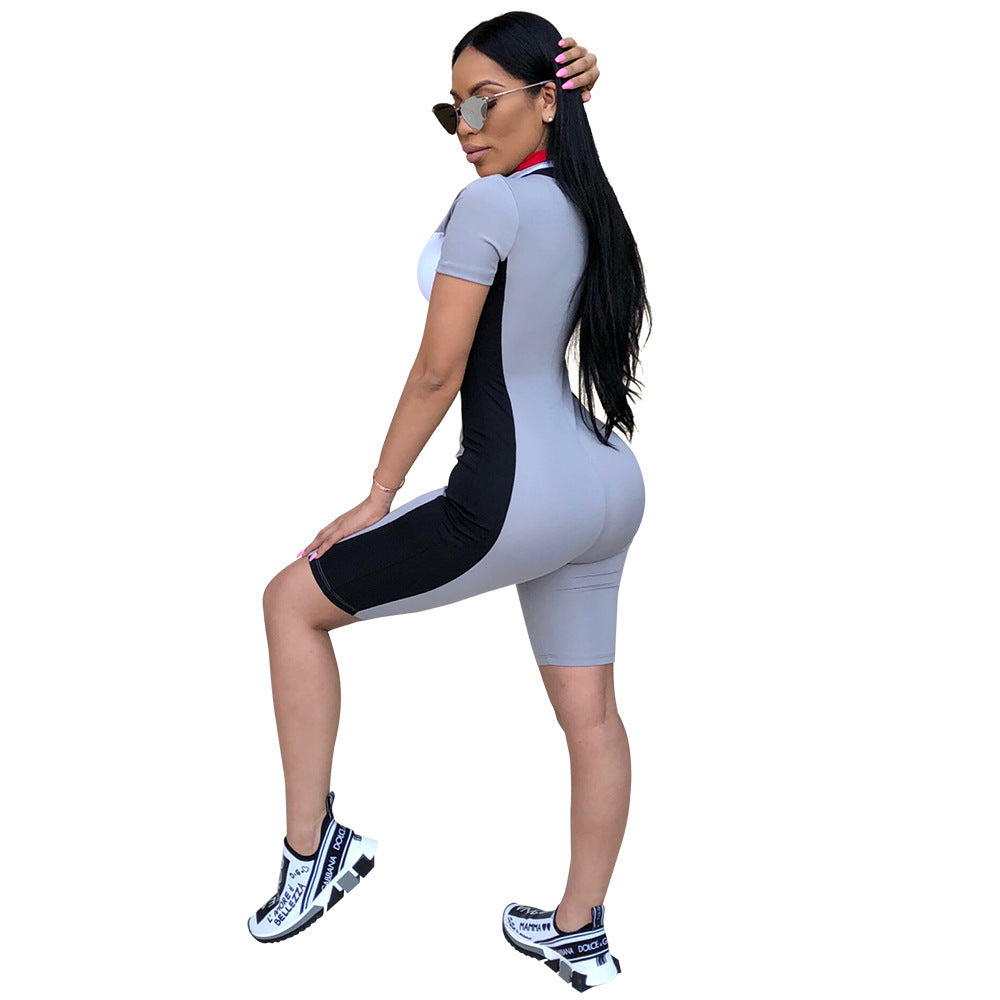 Side Striped Colorblock Short Sleeve Skinny Fitness Bodycon Women's Zipper Front Shorts Gym Romper