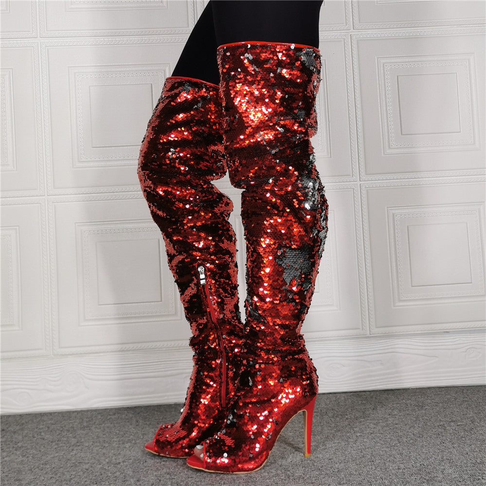 Red/Silver Sequin Women's FishMouth High Heel Over-the-Knee Peep  Toe Boots