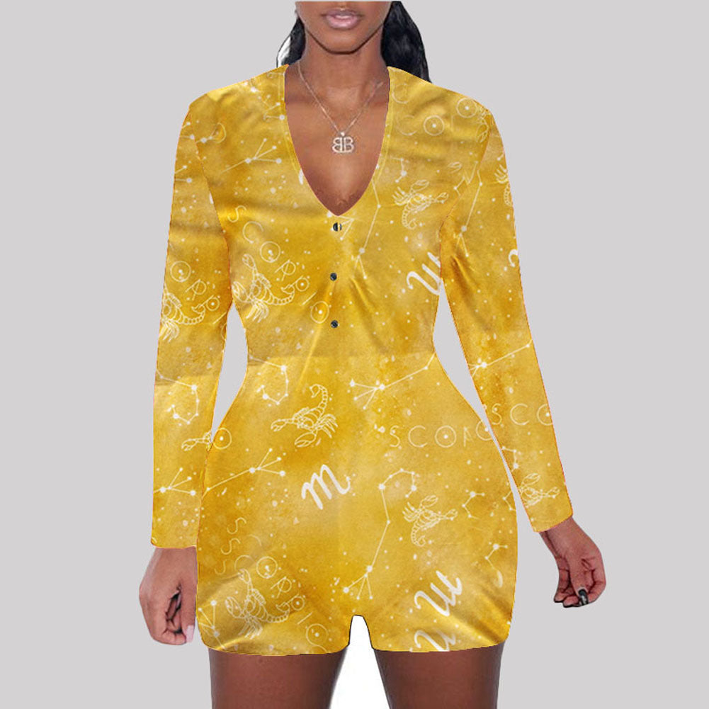 Astronomy Print Long Sleeve V-Neck Bodycon Women's One Piece Shorts Romper
