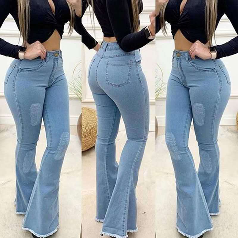 Denim Ripped Tassel Design Women's Elastic Wide Leg Bootcut Jeans