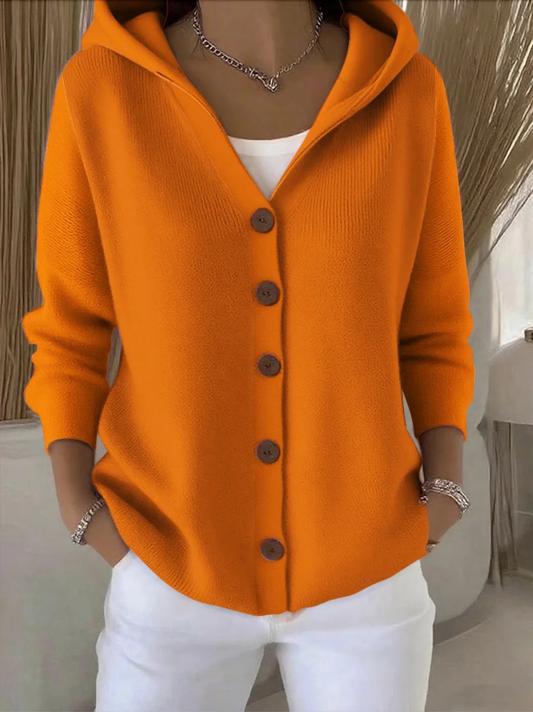Button-Up Solid Color Knitted Women's Hoodie Cardigan Sweater to 5X Plus Size