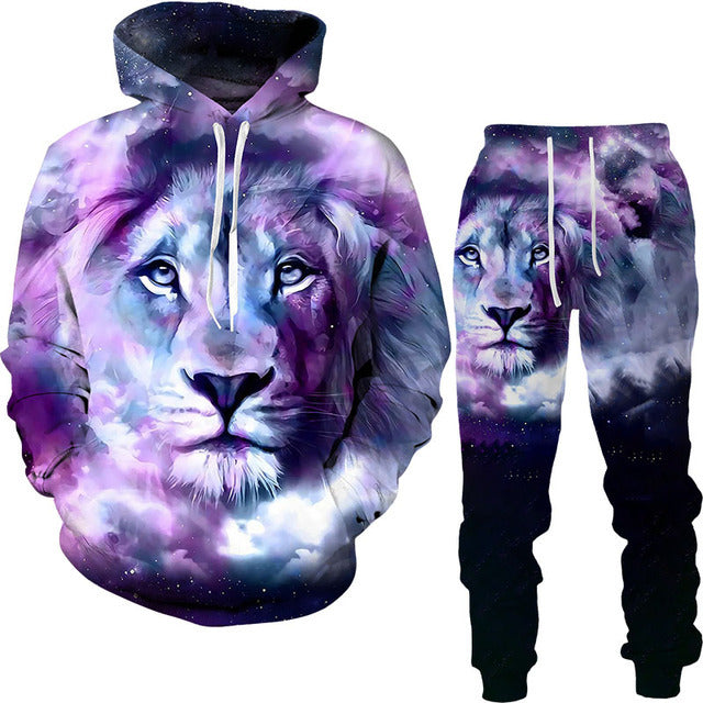 Men's 3D Lion King Print Drawstring Hoodie Sweatshirt + Sweatpants Tracksuit