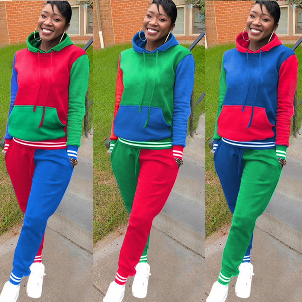 Colorblock Red/Blue/Green Women's Casual Sports Hoodie Sweatshirt + 2-Tone Jogger Sweatpants 2-Piece Tracksuit