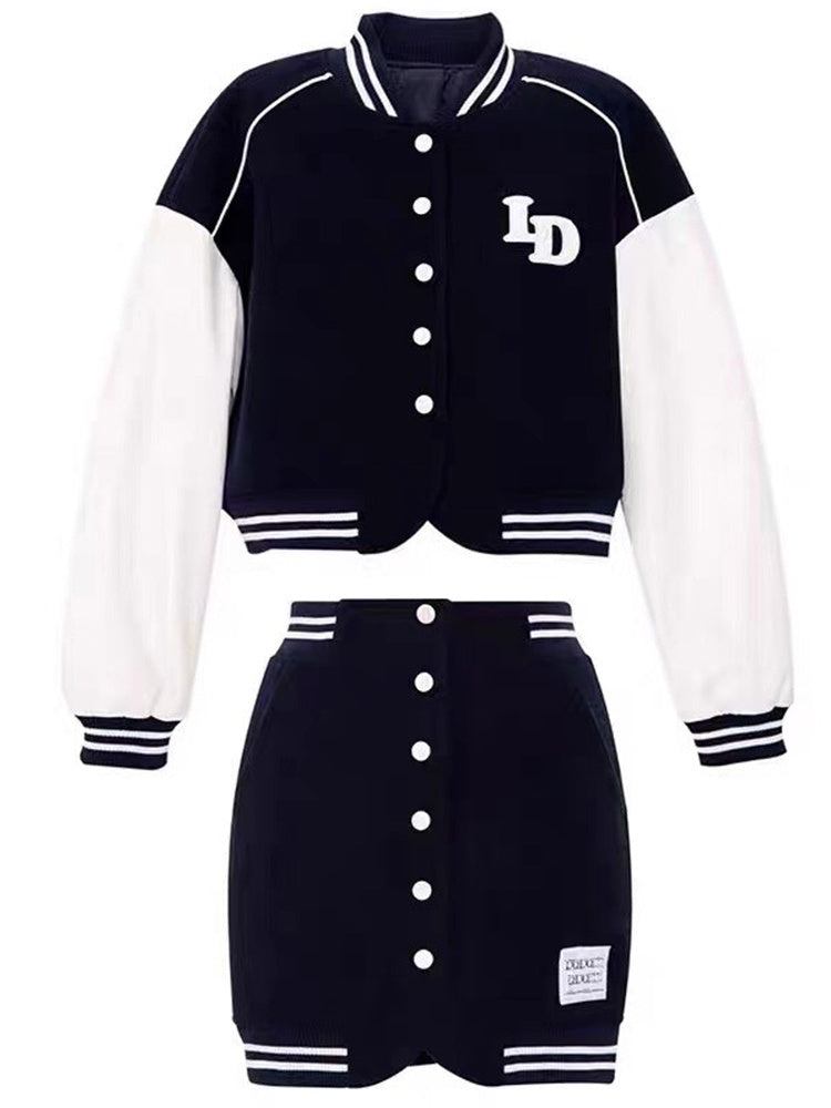 Black/White Button-Up Long Sleeve Striped Colorblock Cropped Varsity Baseball Bomber Jacket + Mini Skirt Women's 2-Piece Set to 4X Plus Size *SOLD AS SEPARATES*