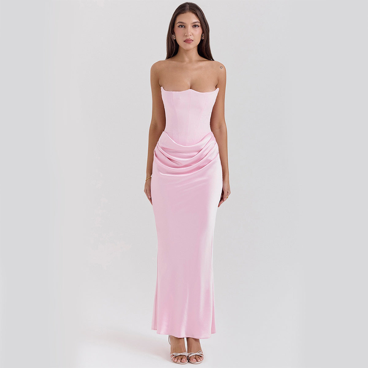 Sleeveless Ruched Corset Tube Top Skinny Backless Evening Maxi Formal Party/Prom Dress