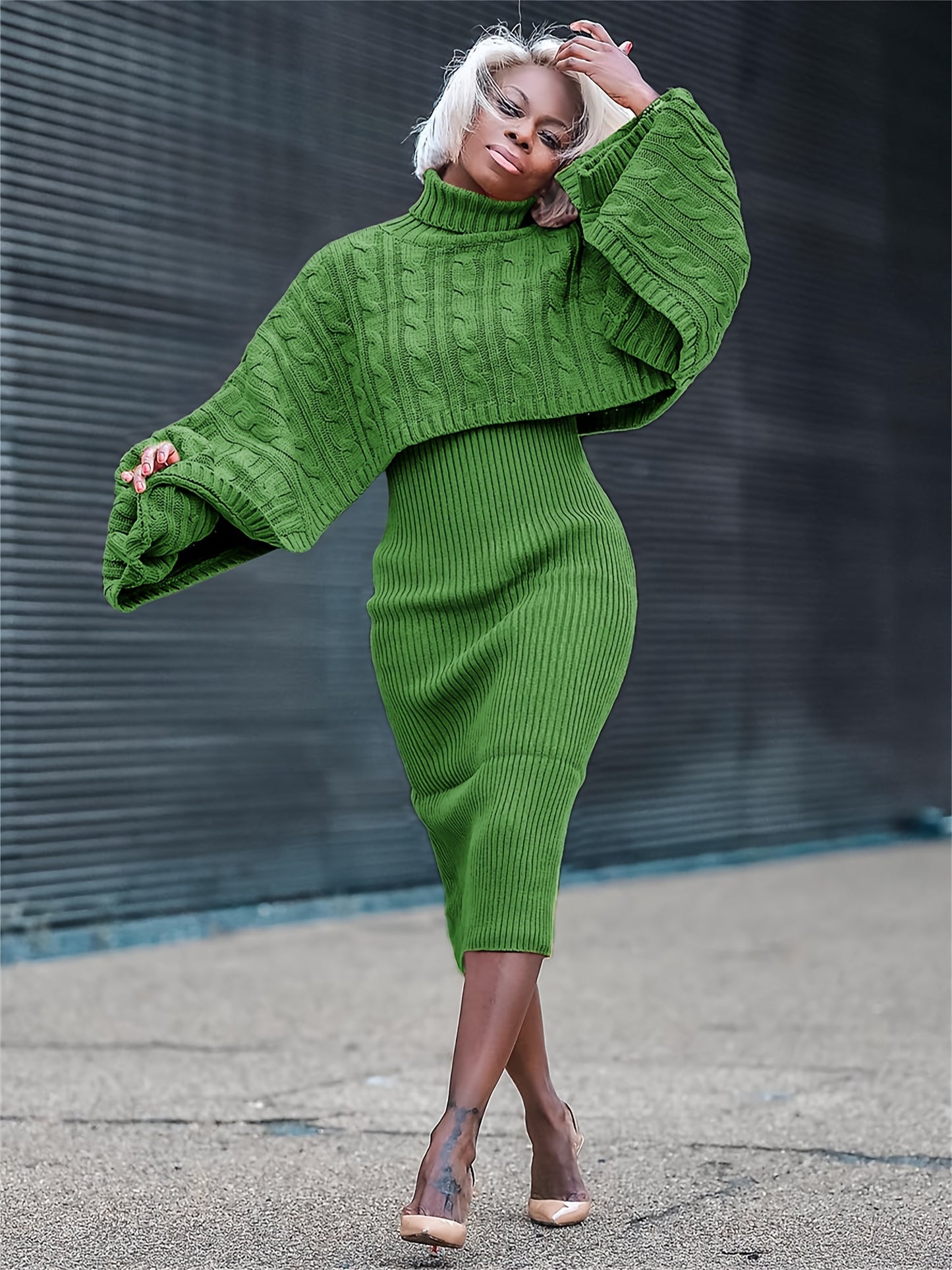 Turtleneck Knitted Weave Pattern Baggy Cape Sleeve Long Sleeve Sweater + Ribbed Tank Sweater Dress 2-Piece Set