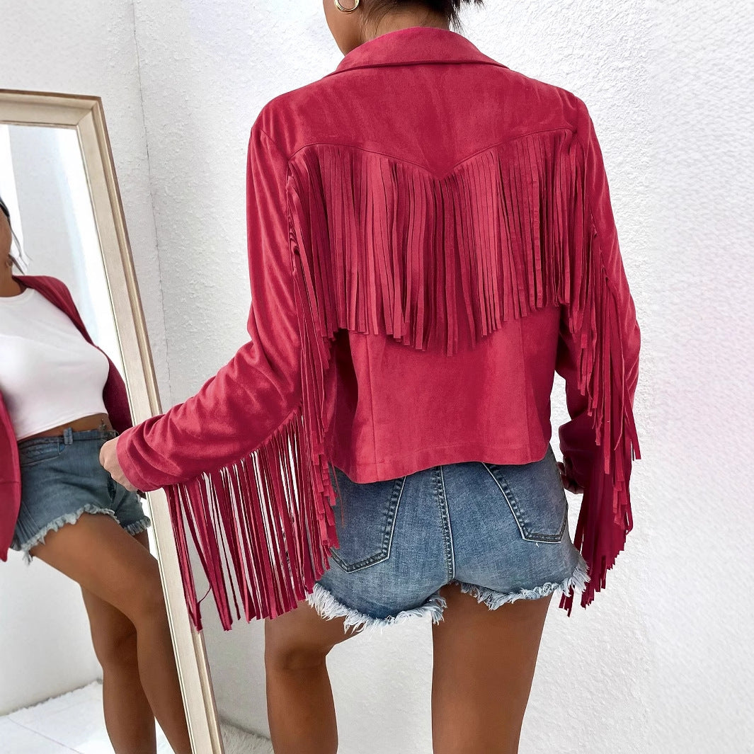 Tassels Fringe Western Women's V-Neck Long Sleeve Solid Color Loose Jacket