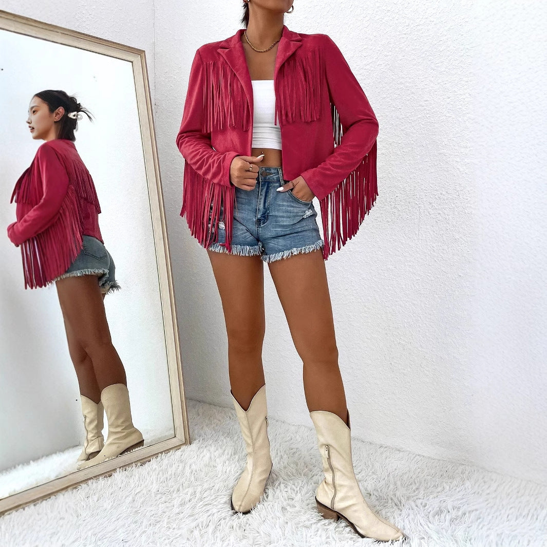 Tassels Fringe Western Women's V-Neck Long Sleeve Solid Color Loose Jacket