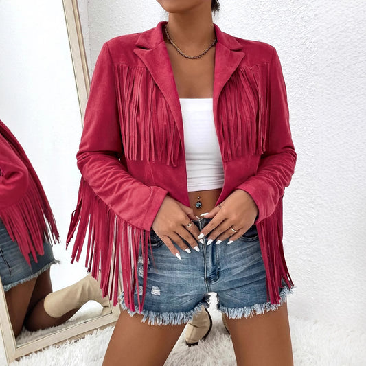 Tassels Fringe Western Women's V-Neck Long Sleeve Solid Color Loose Jacket