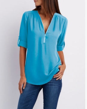 Solid Color V-Neck Short Sleeve Women's Zipper Shirt to 5X Plus Size