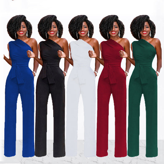 Asymmetrical One Shoulder Solid Color Sash Belted Women's Party Jumpsuit