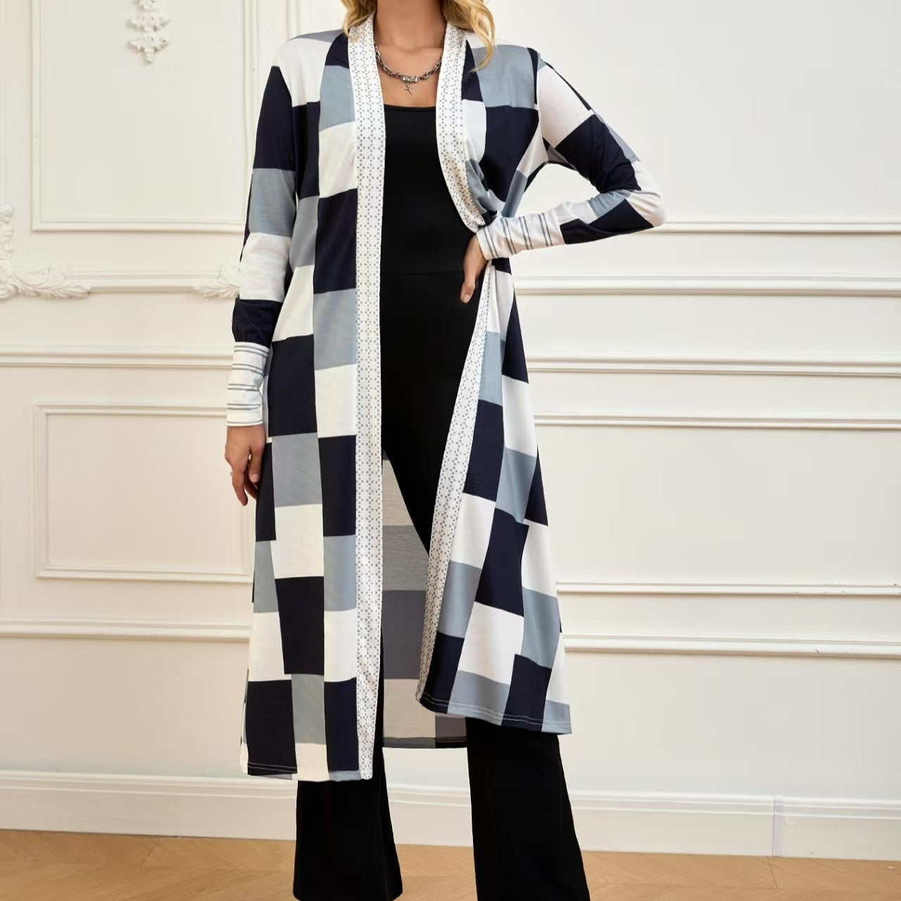 Colorblock Black/White/Grey Checker Print Long Sleeve Women's Open Maxi Cardigan Sweater