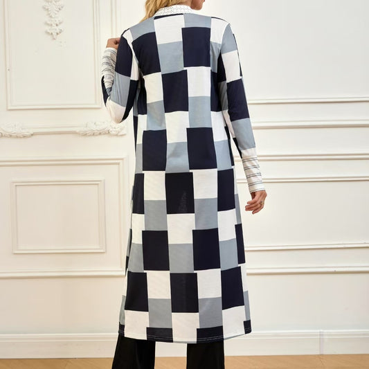 Colorblock Black/White/Grey Checker Print Long Sleeve Women's Open Maxi Cardigan Sweater