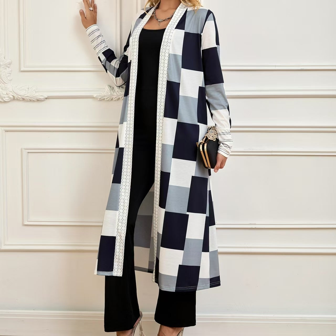 Colorblock Black/White/Grey Checker Print Long Sleeve Women's Open Maxi Cardigan Sweater