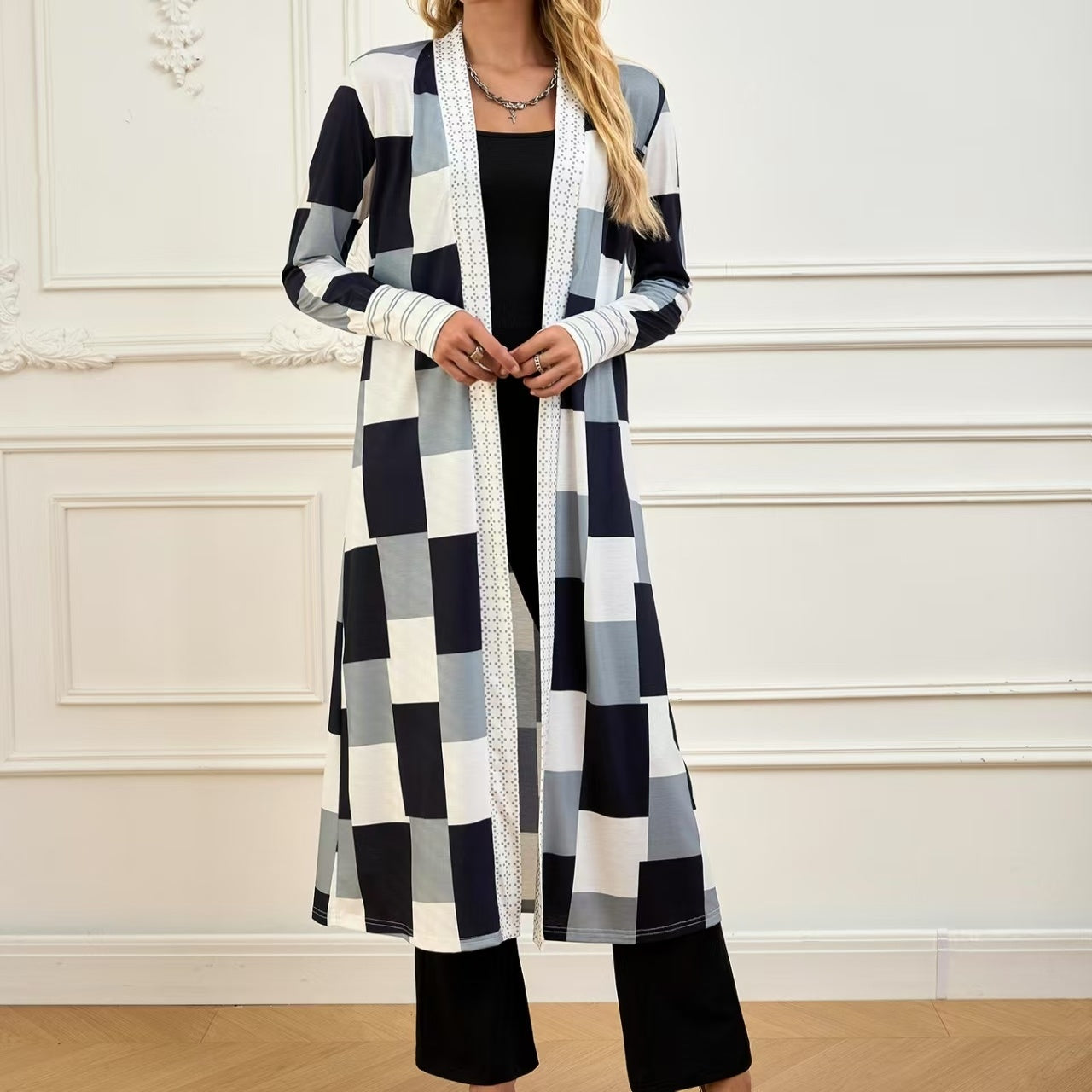 Colorblock Black/White/Grey Checker Print Long Sleeve Women's Open Maxi Cardigan Sweater