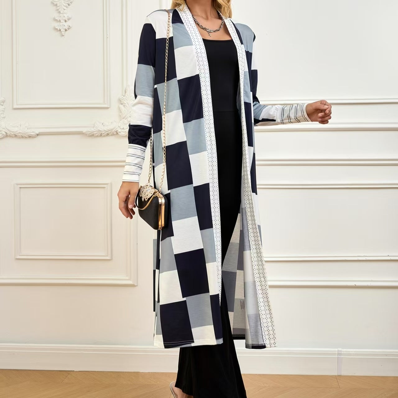 Colorblock Black/White/Grey Checker Print Long Sleeve Women's Open Maxi Cardigan Sweater