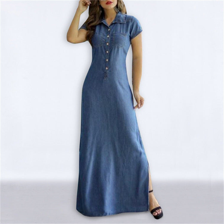 Denim Button-Up Short Sleeve Maxi Jean Dress to 5X Plus Size
