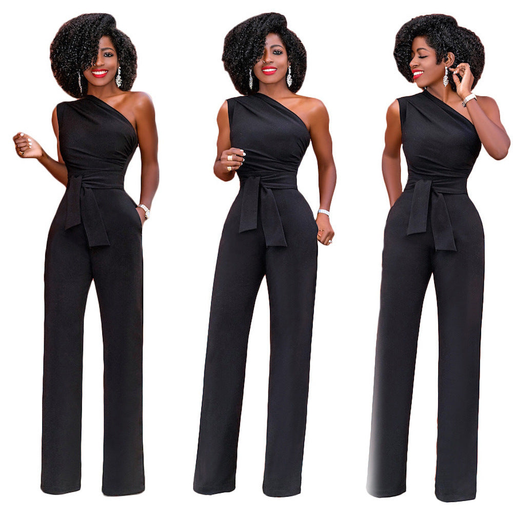 Asymmetrical One Shoulder Solid Color Sash Belted Women's Party Jumpsuit