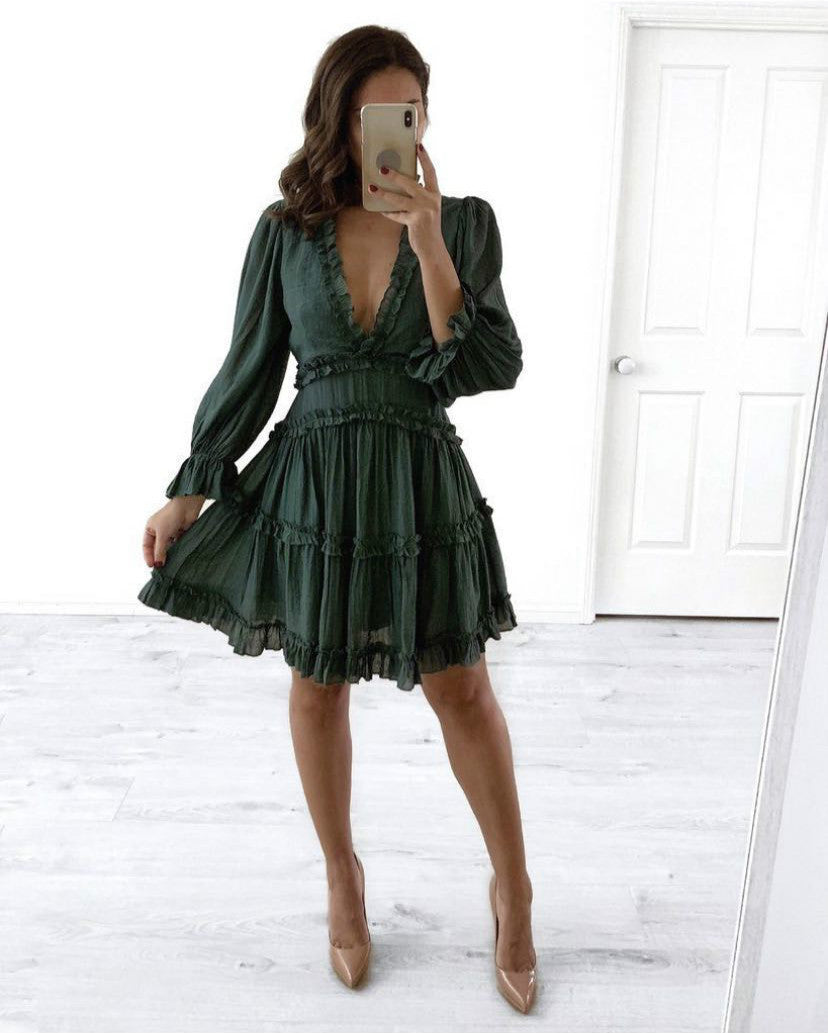 Bohemian Floral Print Ruffled Deep V-Neck Long Puff Sleeve Mini Dress