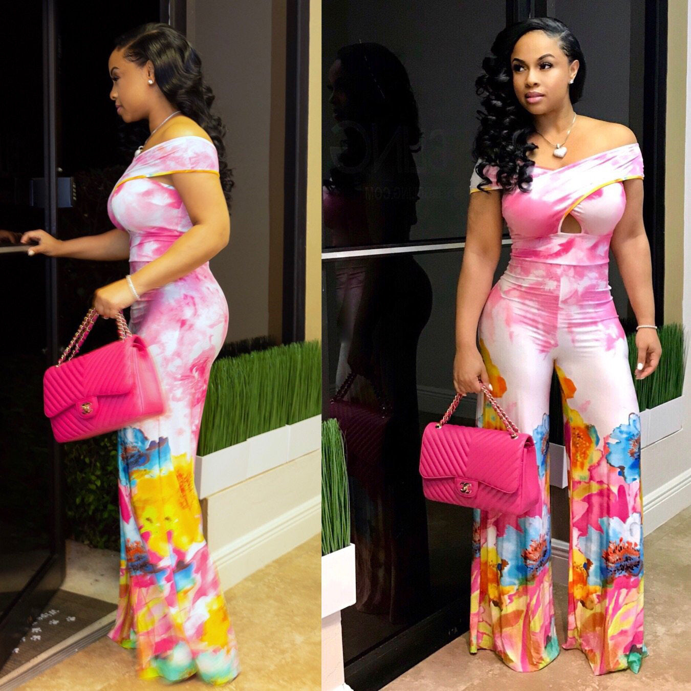 Floral Gradient Print Off-the-Shoulder Flared Pant Hollow-Out  Women's Jumpsuit