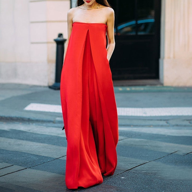 Bright Red Flat Oversized Sleeveless Front Slit Layered Wide Leg Tube Top Jumpsuit