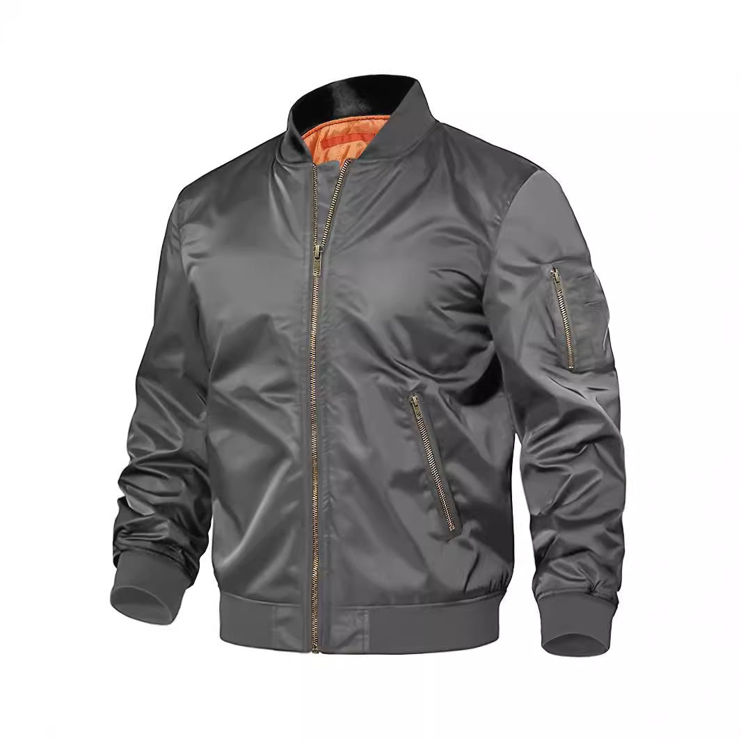 Men's Solid Color Military Baseball Multi-Pocket Zipper Cargo Bomber Jacket