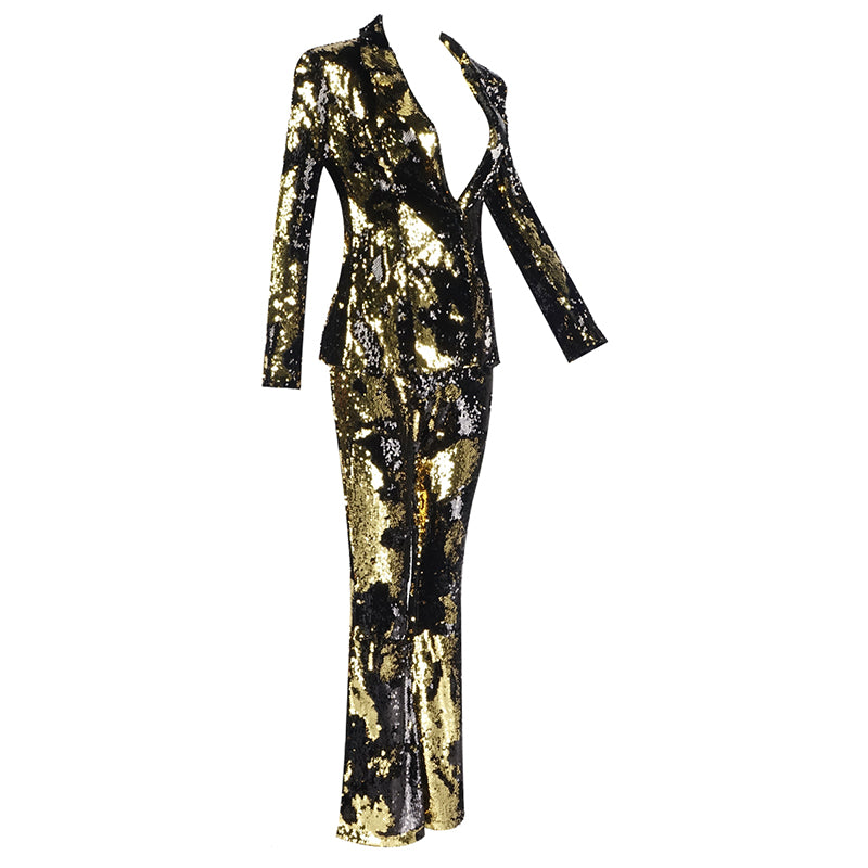 Floral Gold/Black Metallic Sequin Women's Deep V-Neck Tuxedo Blazer Jacket + Flared Leg Pants Formal Suit