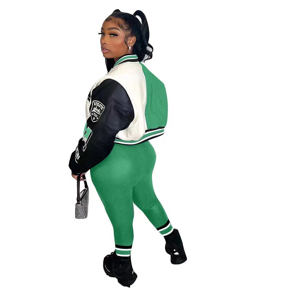 Colorblock Varsity Women's Hip-Hop Letterman's Baseball Bomber Jacket + Sweatpants 2-Piece Set